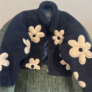 Blue Sherpa Jacket with Cream Floral Design